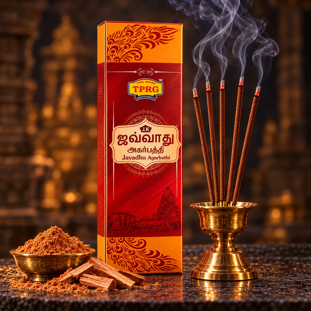 TPRG Javadhu Agarbathi with lit incense in a devotional setting